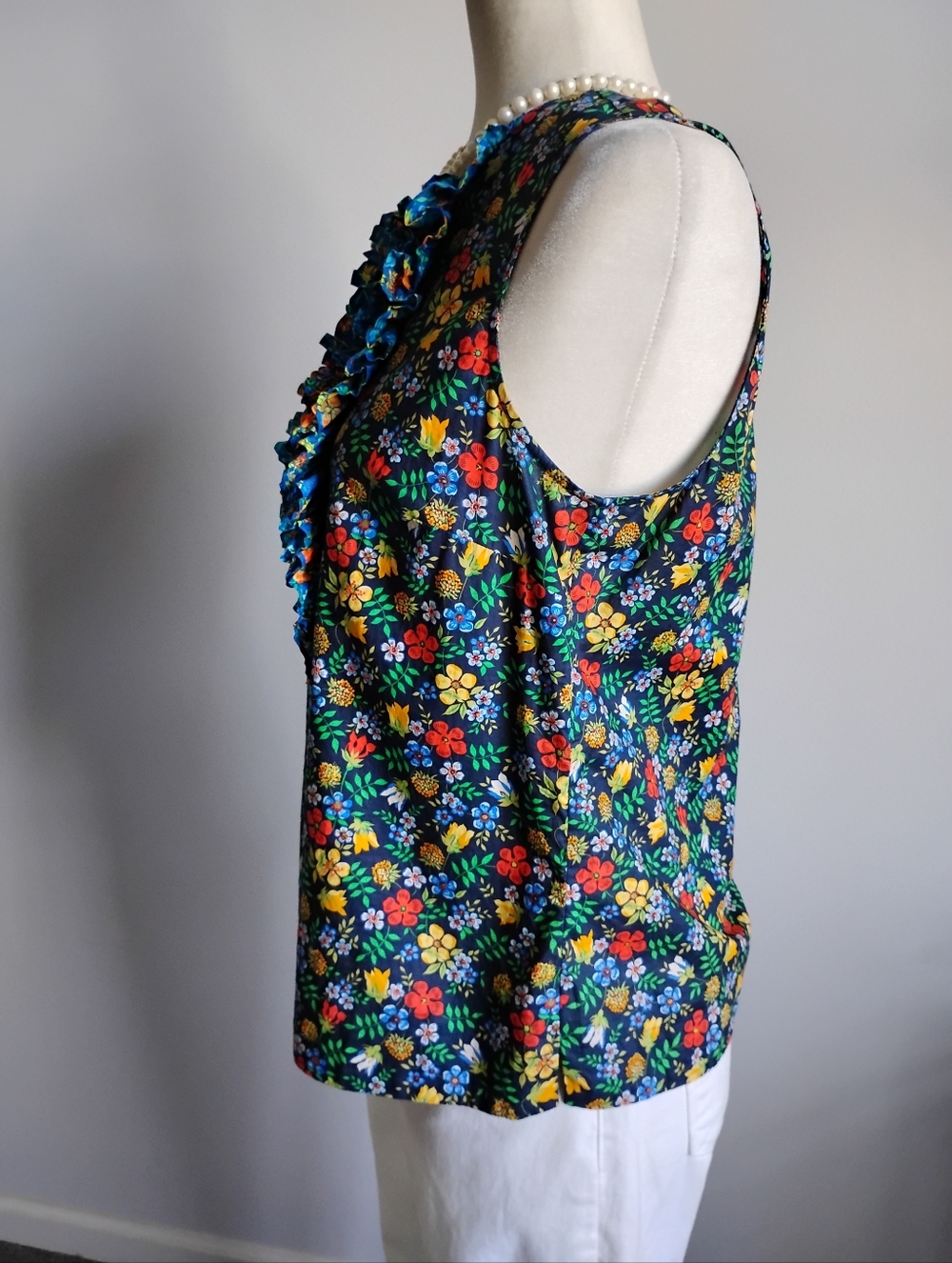 J. Crew Liberty Art Fabric Edenham Ruffle Blouse Navy Blue Floral Colorful Sz 4 - Picture 6 of 15